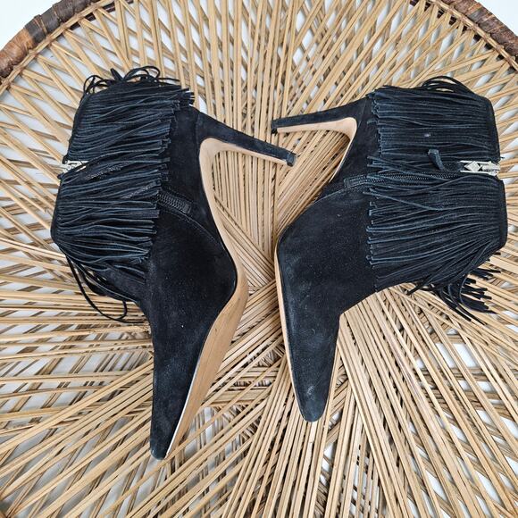 Sam Edelman Kandice Suede Fringe Ankle Bootie Pumps 7.5 Black Boots Heels - Picture 3 of 11